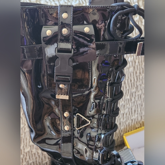 Size 10 Anthony Wang tall, black patent leather combat boots - Picture 9 of 11